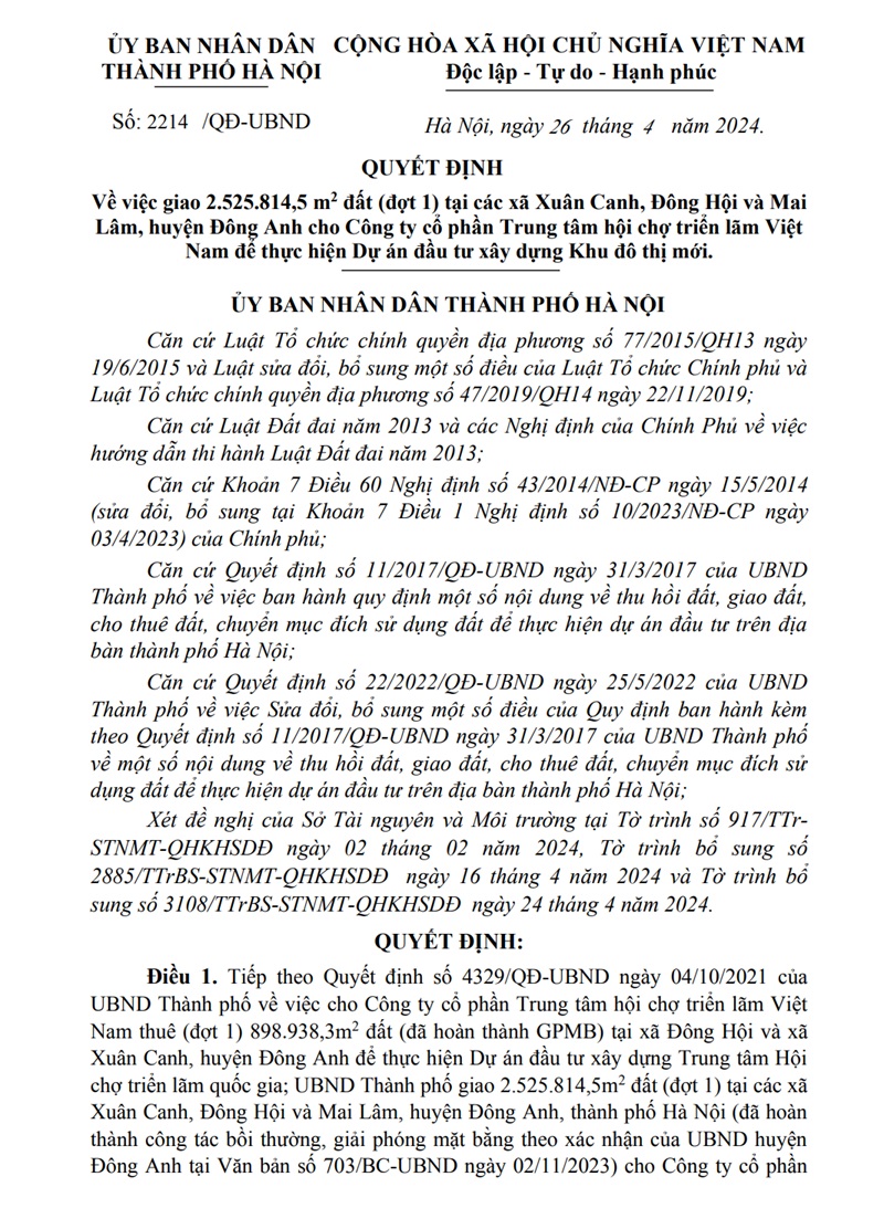 Quyết định giao đất Vinhomes Cổ Loa