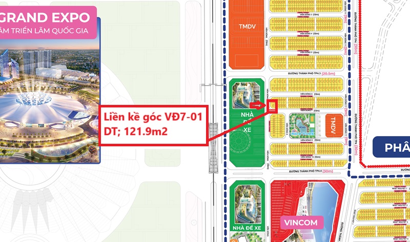 Bán liền kề góc Viễn Đông 7 căn 01 DT; 121.9m2 khhu Cát Tường Vinhomes Global Gate Cổ Loa. Hướng Đông Nam - Tây Nam, Giá bán gốc 45.228 tỷ