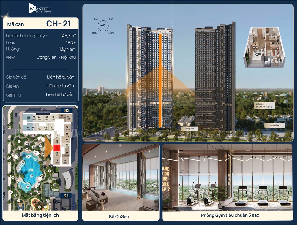 Căn hộ 1 phòng ngủ + số 21 diện tích 45.7m2 The Sunset S2 Masteri Grand Avenue Vinhomes Global Gate Cổ Loa