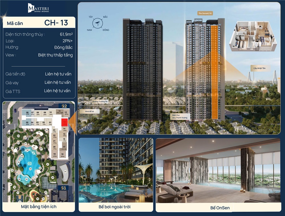 Căn hộ 2 phòng ngủ + số 13 diện tích 61.9m2 The Sunset S2 Masteri Grand Avenue Vinhomes Global Gate Cổ Loa