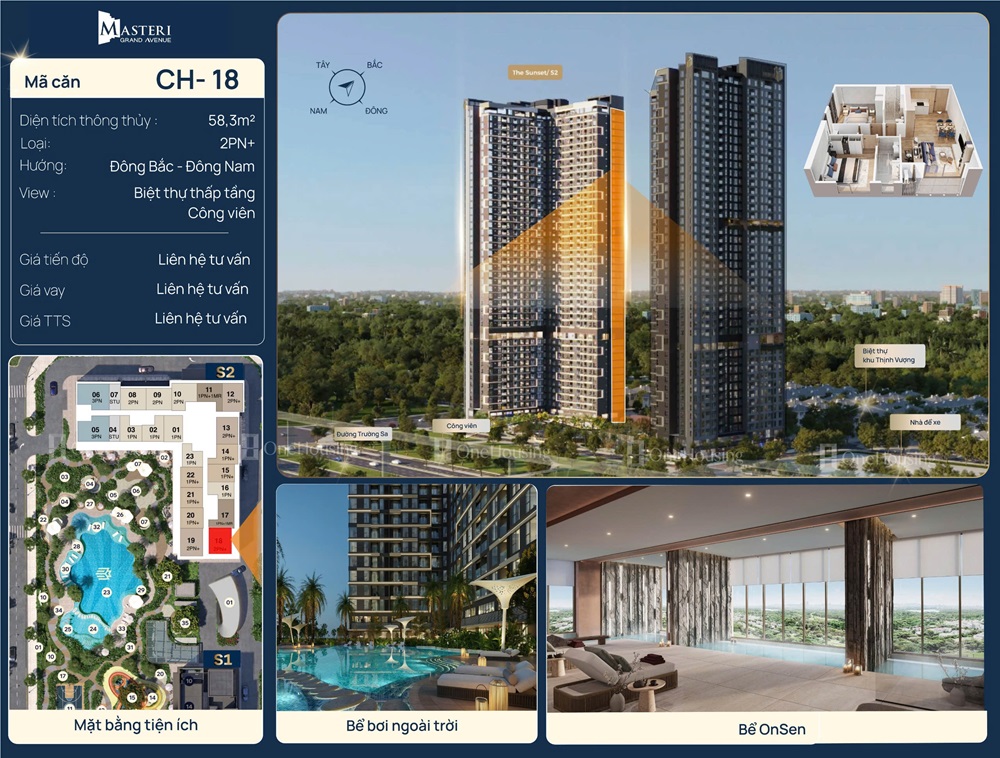 Căn hộ 2 phòng ngủ + số 18 diện tích 58.3m2 chung cư The Sunset S2 Masteri Grand Avenue Vinhomes Global Gate Cổ Loa