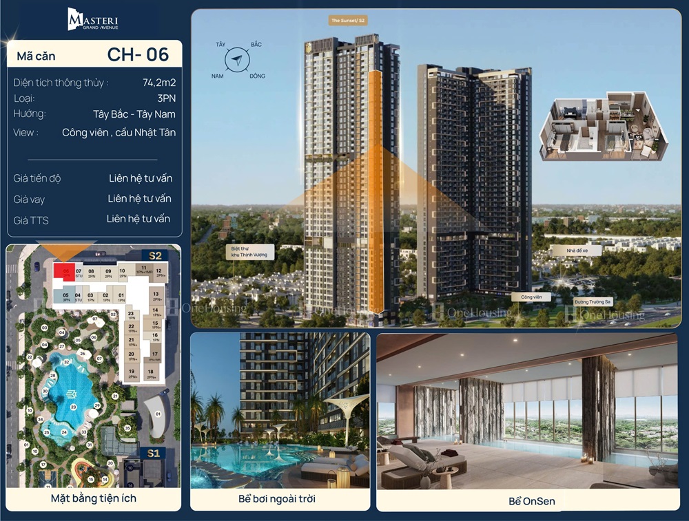 Căn hộ 3 phòng ngủ số 06 diện tích 73.4m2 The Sunset S2 Masteri Grand Avenue Vinhomes Global Gate Cổ Loa