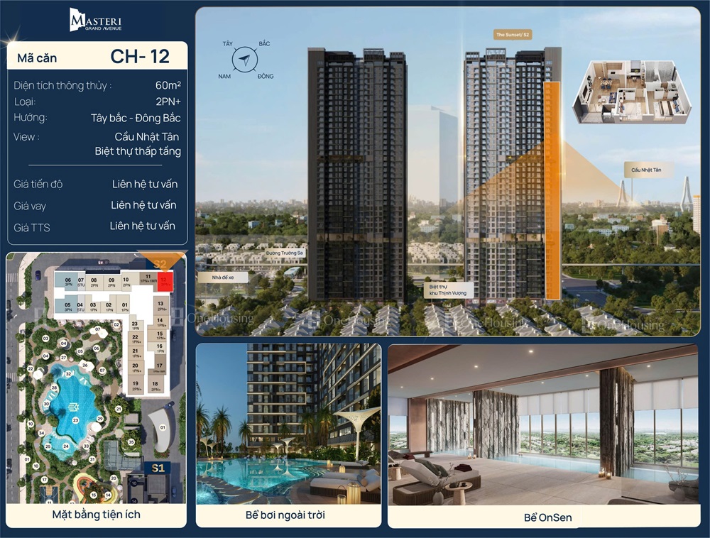 Căn hộ 60m2 số 12 căn hộ 2 phòng ngủ + chung cư The Sunset S2 Masteri Grand Avenue Vinhomes Global Gate Cổ Loa