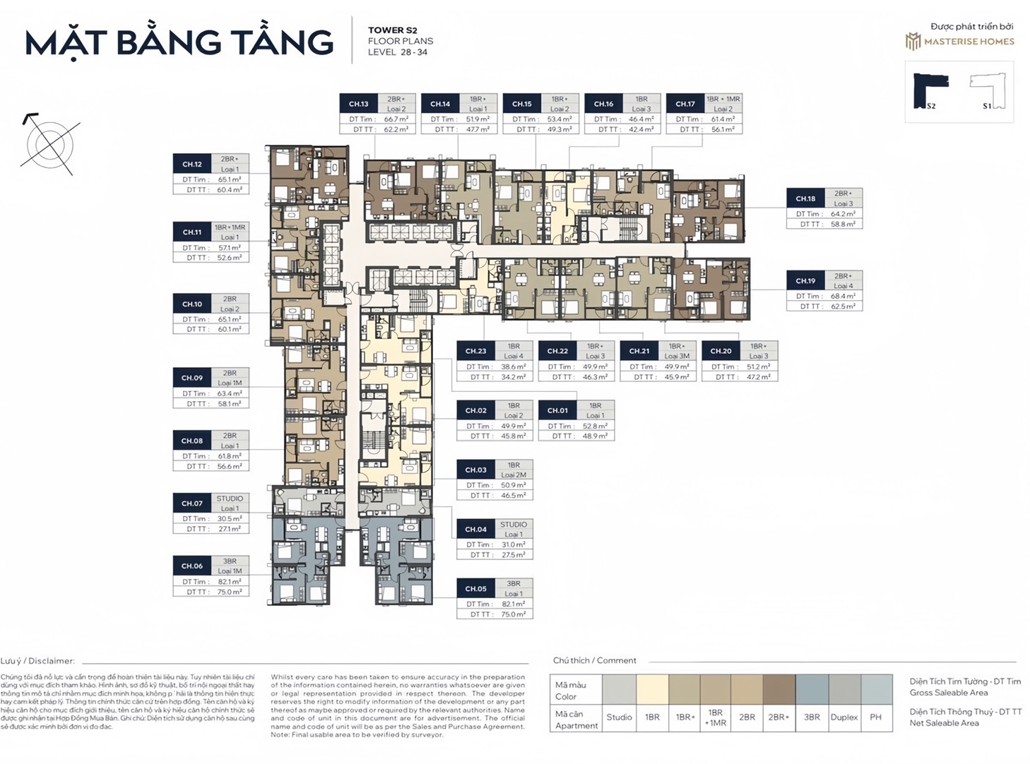 Mặt bằng chung cư Masteri Sky Avenue Vinhomes Global Cổ Loa tòa S2 tầng 28 đến 34