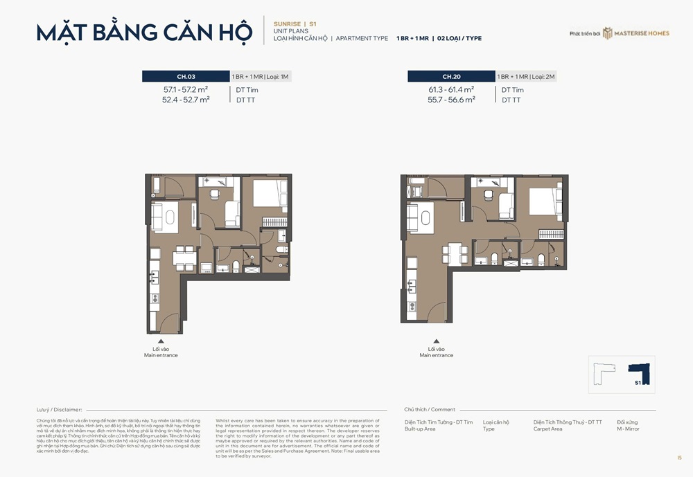 Căn hộ 1 phòng ngủ + 1 số 03, sô 20 DT; 52m2 tòa Sunrise S1 Masteri Grand Avenue Vinhomes Global Gate Cổ Loa Đông Anh