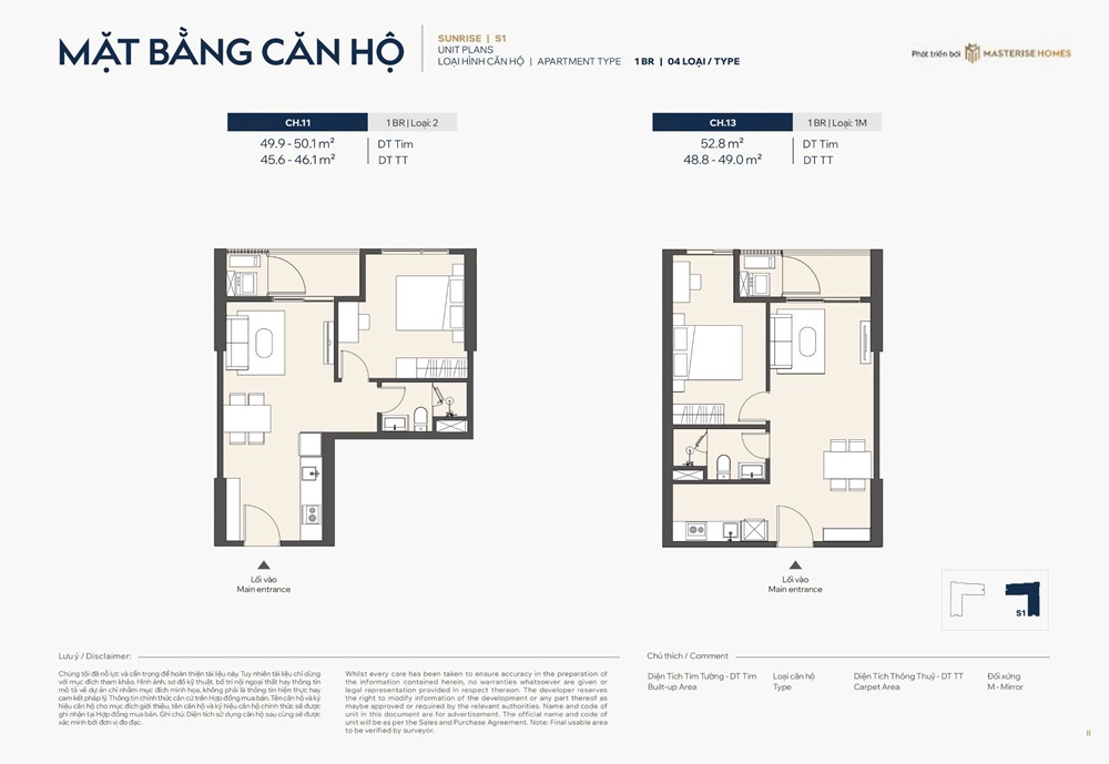 Căn hộ 1 phòng ngủ số 11 và 13 diện tích 45m2, 46m2, 49m2 tòa Sunrise S1 Masteri Grand Avenue Vinhomes Global Gate Cổ Loa Đông Anh