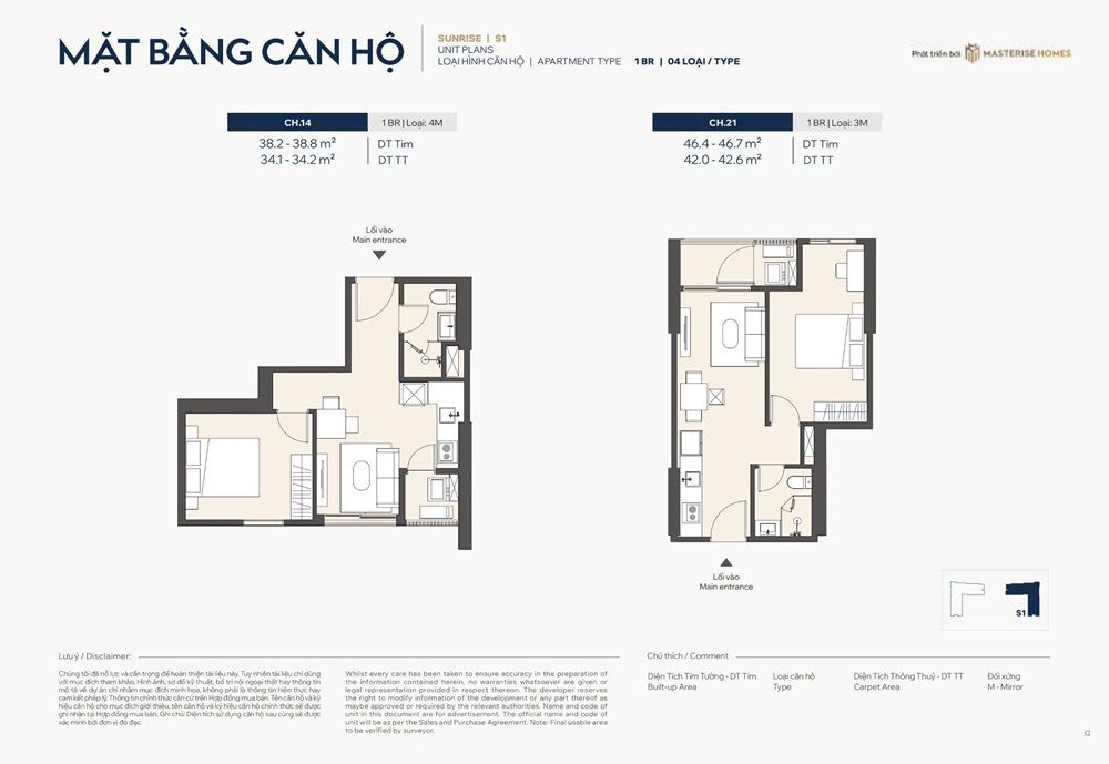 Căn hộ 1 phòng ngủ số 14 và 21 diện tích 34m2 và 42m2 tòa Sunrise S1 Masteri Grand Avenue Vinhomes Global Gate Cổ Loa Đông Anh