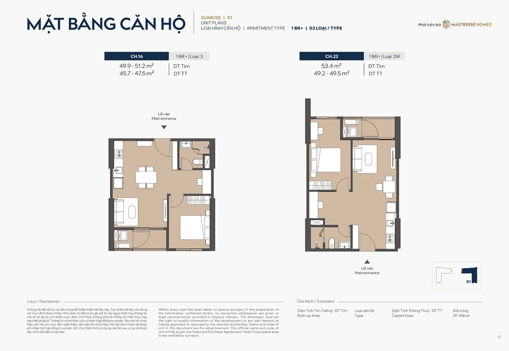 Căn hộ 1 phòng ngủ + số 16 và 22 DT; 45m2, 47m2, 49m2 tòa Sunrise S1 Masteri Grand Avenue Vinhomes Global Gate Cổ Loa Đông Anh