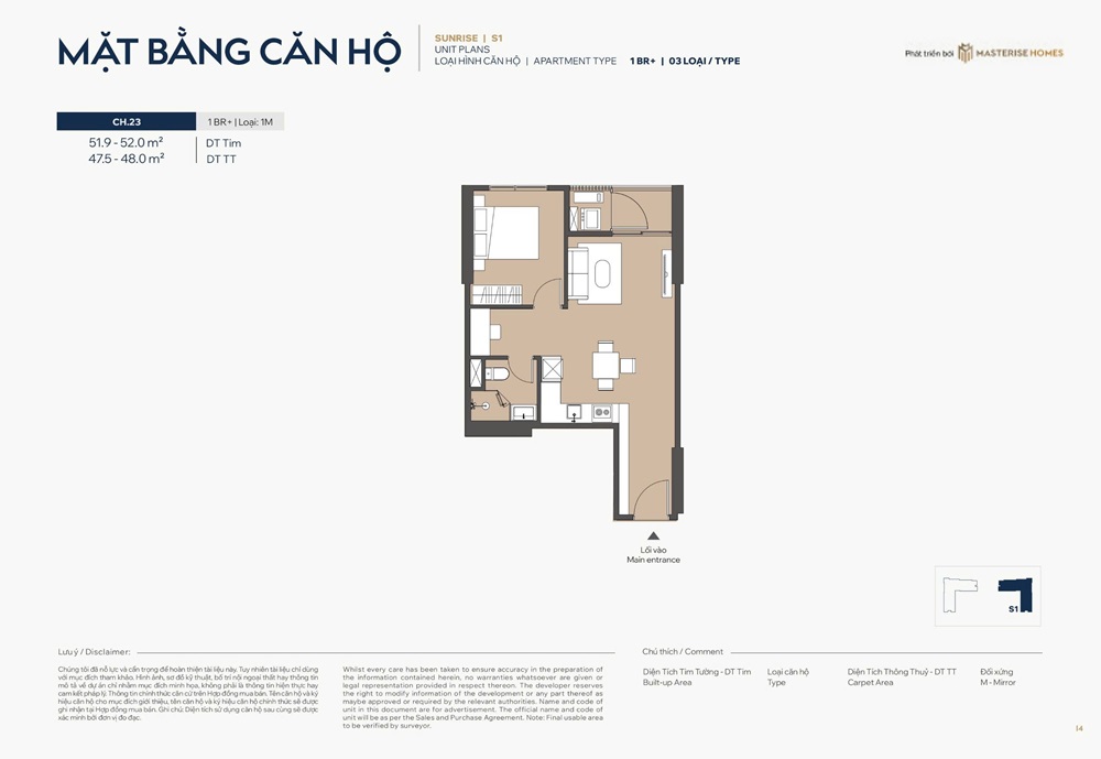 Căn hộ 1 phòng ngủ + số 23 Diện tích 48 tòa Sunrise S1 Masteri Grand Avenue Vinhomes Global Gate Cổ Loa Đông Anh