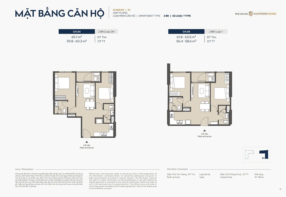 Căn hộ 2 phòng 04 và 05 diện tích 56m2, 58m2, 60m2 tòa Sunrise S1 Masteri Grand Avenue Vinhomes Global Gate Cổ Loa Đông Anh