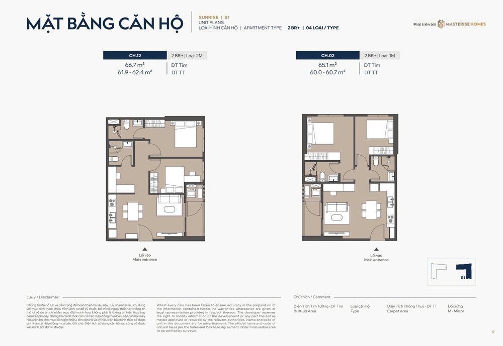 Căn hộ 2 phòng ngủ + số 12 và 02 DT 62m2 tòa Sunrise S1 Masteri Grand Avenue Vinhomes Global Gate Cổ Loa Đông Anh