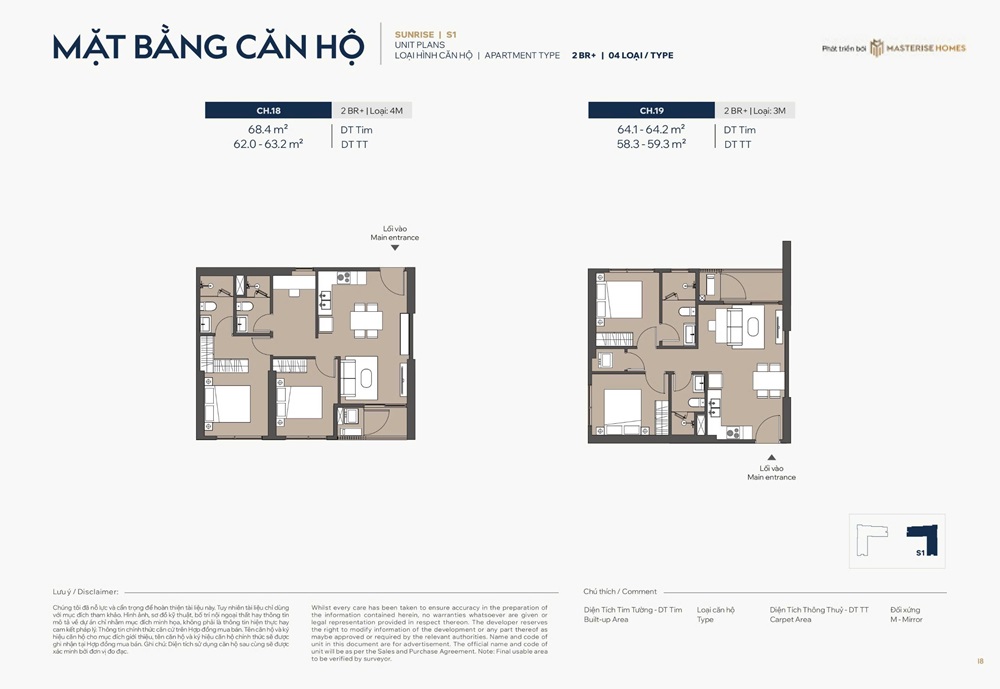 Căn hộ 2 phòng ngủ + số 18 và 19 DT 62m2 và 63m2 tòa Sunrise S1 Masteri Grand Avenue Vinhomes Global Gate Cổ Loa Đông Anh