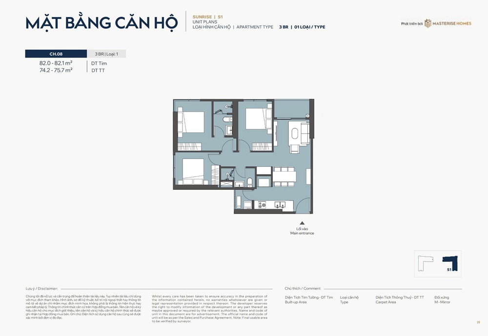 Căn hộ 3 phòng ngủ sô 08 DT; 74m2 và 75m2 tòa Sunrise S1 Masteri Grand Avenue Vinhomes Global Gate Cổ Loa Đông Anh