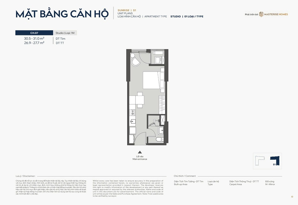 Căn hộ studio số 07 diện tích 27m2 tòa Sunrise S1 Masteri Grand Avenue Vinhomes Global Gate Cổ Loa Đông Anh