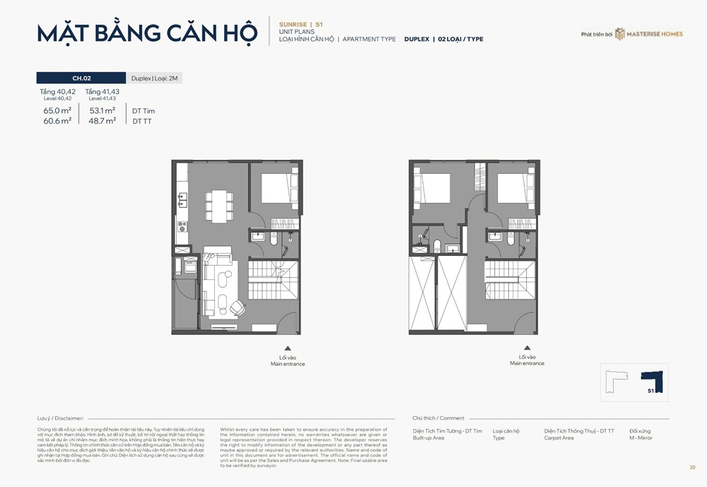 Layout Thiết kế căn hộ Duplex căn số 02 tòa Sunrise S1 Masteri Grand Avenue Vinhomes Global Gate Cổ Loa Đông Anh