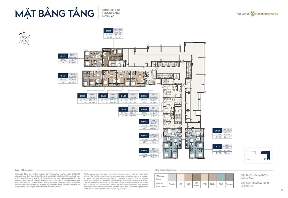 Mặt bằng tầng 27 tòa Sunrise S1 Masteri Grand Avenue Vinhomes Global Gate Cổ Loa Đông Anh