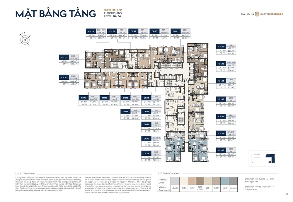 Mặt bằng tầng 28 đến 34 tòa Sunrise S1 Masteri Grand Avenue Vinhomes Global Gate Cổ Loa Đông Anh