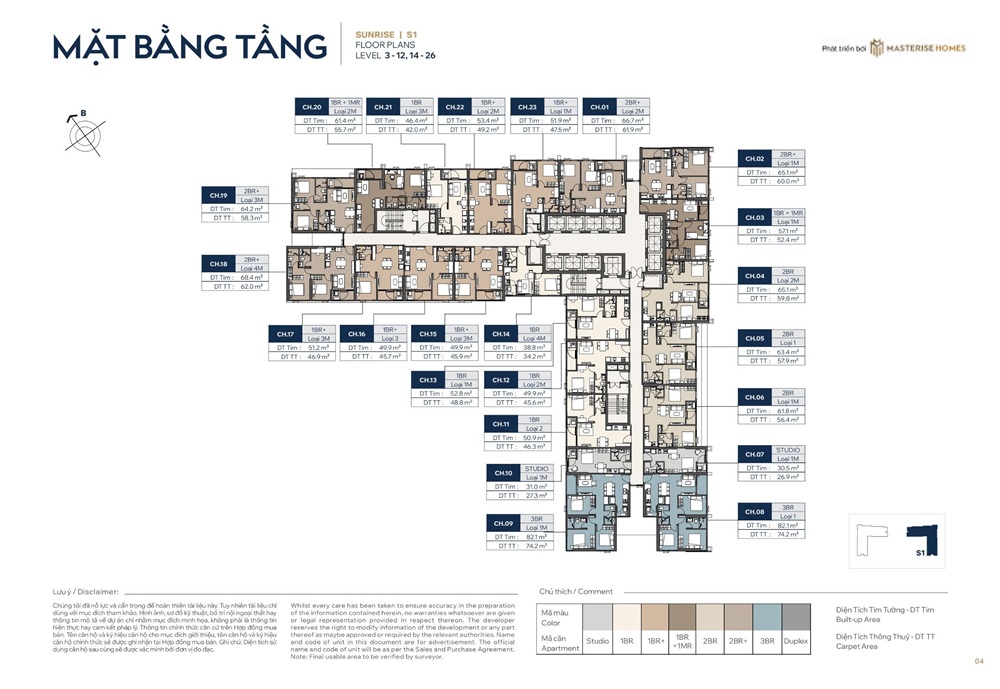 Mặt bằng tầng 3 đến 12 và 14 đến 26 tòa Sunrise S1 Masteri Grand Avenue Vinhomes Global Gate Cổ Loa Đông Anh