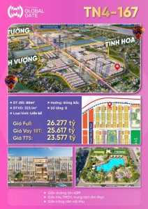 Căn Thiên Nga thô 80m Đông Bắc hiếm hoi phân khu Tinh Hoa Mã căn: TN4-167 Loại căn: Liền kề DT đất: 80 m2 Giá TTS: 23,577 tỷ Trục sát vườn hoa Cạnh áp góc, đường lớn 40m to chạy lên sân bay Gần chung cư Chính sách bán hàng siêu Hấp Dẫn: Quà tặng Thang máy sân vườn trị giá 600tr (trừ thẳng vào giá bán) HTLS 0% lên đến 36 tháng Chiết khấu lên đến 11% khi TTS Miễn phí dịch vụ lên đến 24 tháng Nhanh tay trở thành cư dân Tinh Hoa của Vinhomes Global Gate