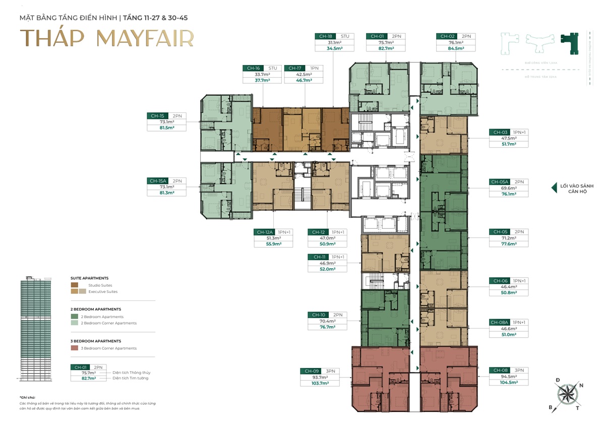 Mặt bằng tầng 11 đến 27 và 30 đến 45 tòa MAYFAIR M1 The Cosmopolitan MIK Cổ Loa Đông Anh Global Gate