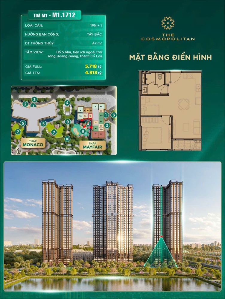 Bán căn 12 tầng 17 M1 Mayfair The Cosmopolitan MIK Cổ Loa