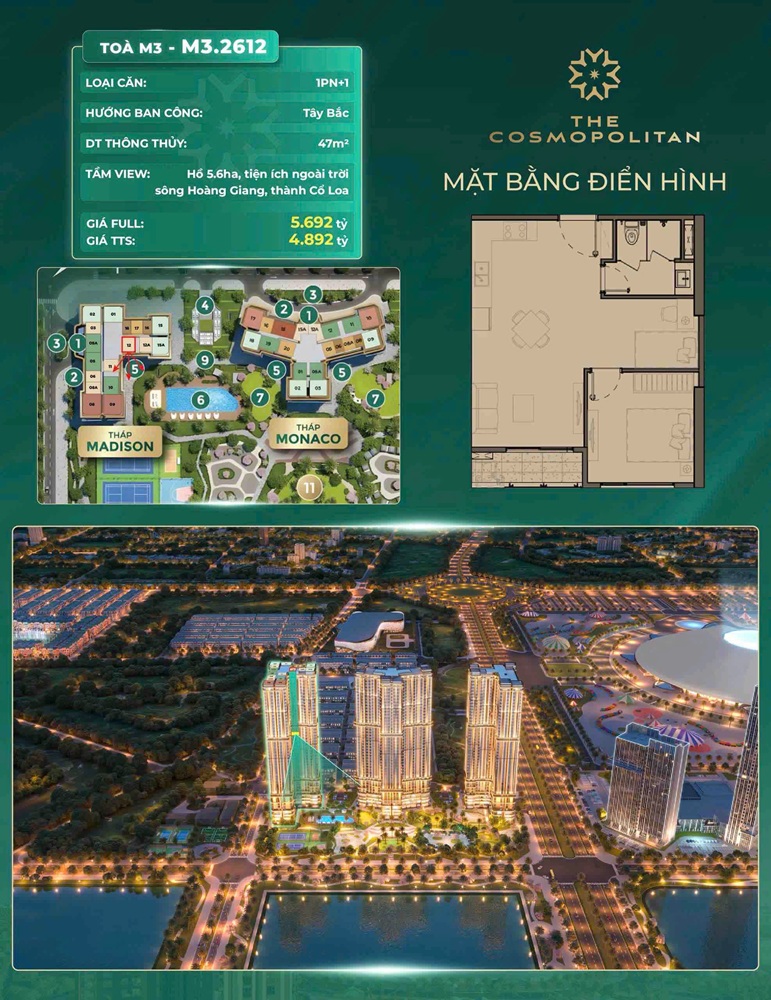 Bán căn 12 tầng 26 M3 MADISON Cosmopolitan MIK Global Gate Cổ Loa