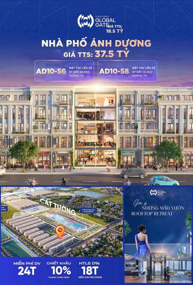 Nhà phố Ánh Dương 10 mặt tiền 10m 130m2 Vinhomes Global Gate Đông Anh