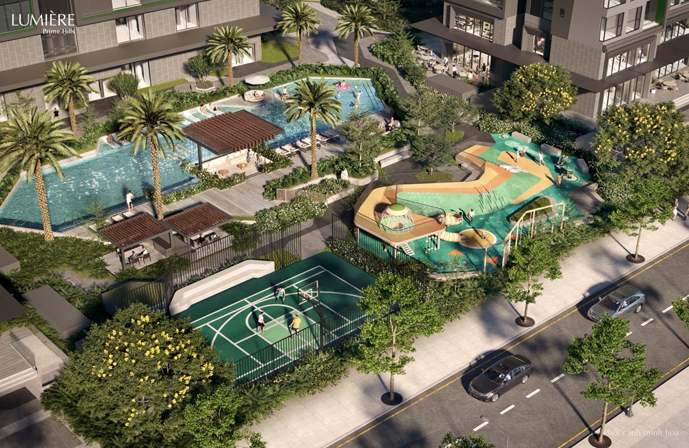 Bể bơi và sân chơi Tòa Skyline Tower - Lumière Prime Hills Vinhomes Global Gate Cổ Loa