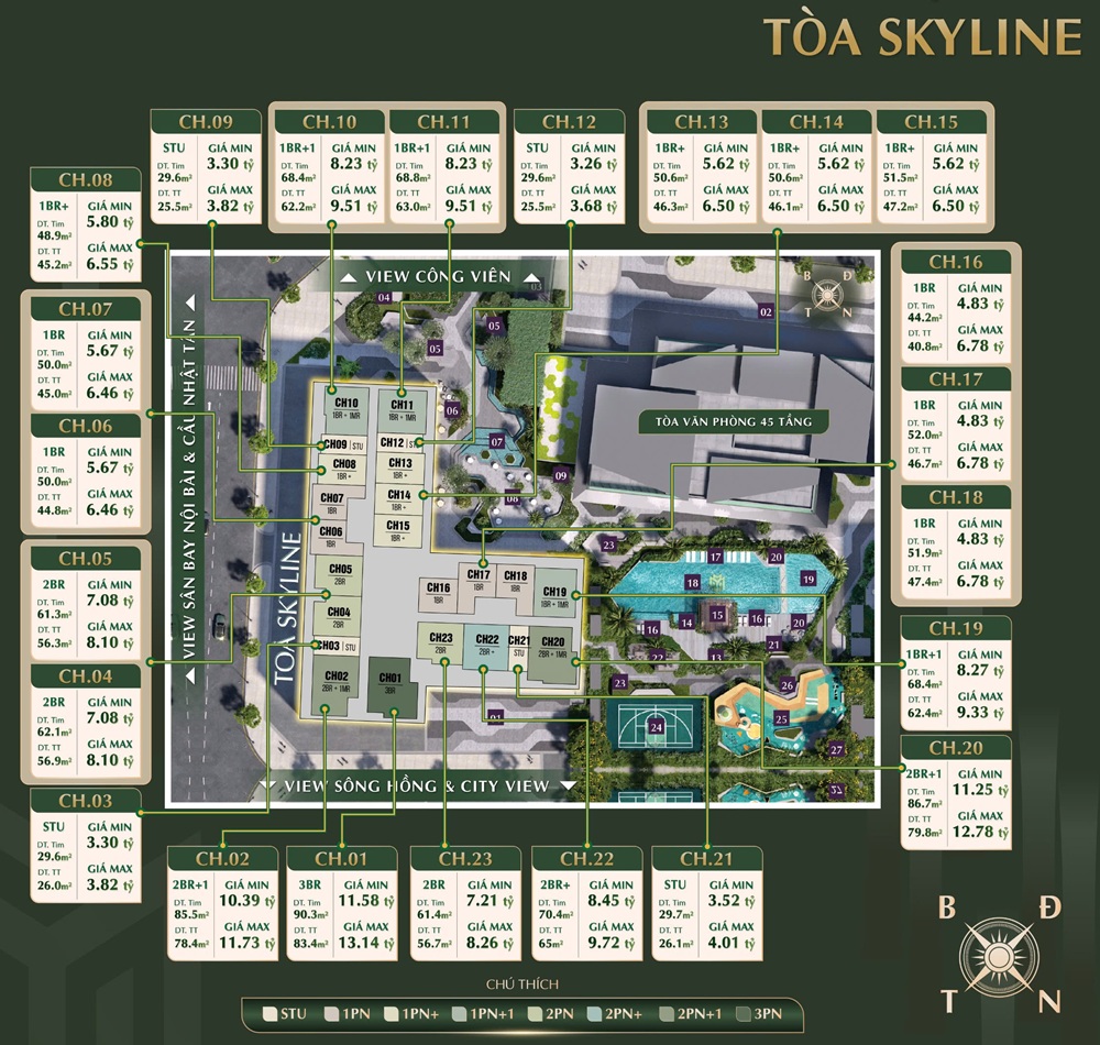 Giá bán Tòa Skyline Tower B1- Lumière Prime Hills của Chủ đầu tư Masterise Homes mở bán tại KĐT Vinhomes Global Gate Đông Anh