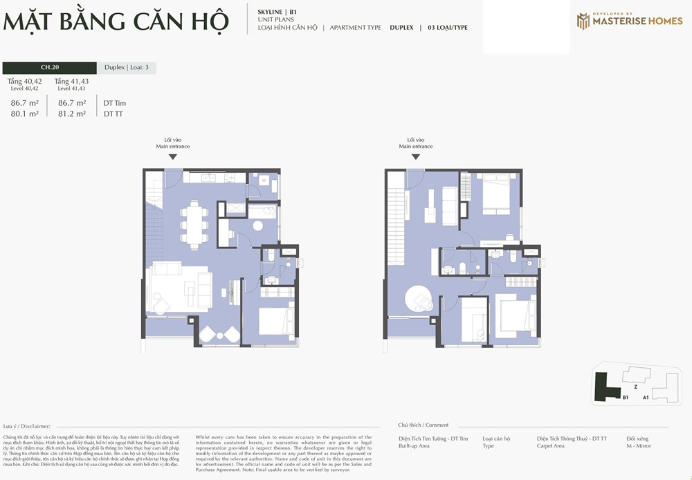 Layout căn 20 Duplex DT 161.3m2 chung cư skyline B1 Lumiere Prime Hills tại Vinhomes Global Gate Cổ Loa