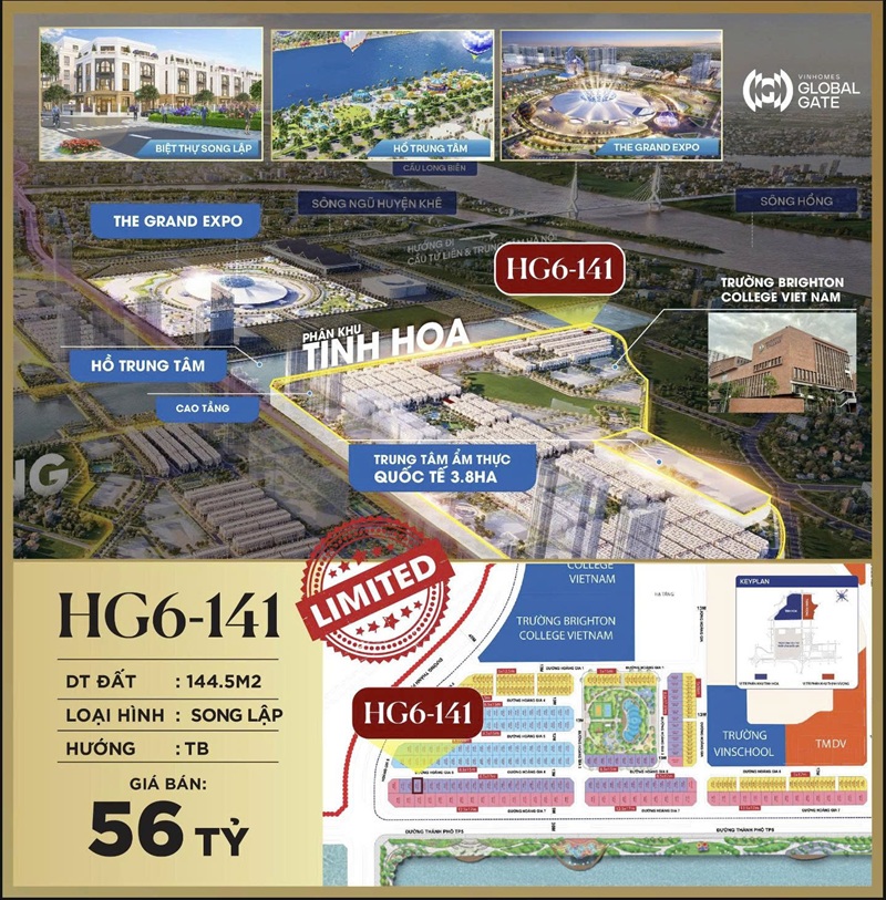 Biệt thự song lập HG6-141, 144.5m2, Tây Bắc Vinhomes Global Gate Đông Anh