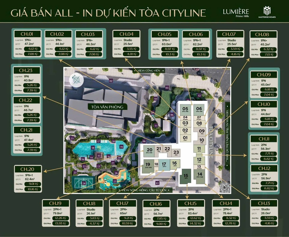 Giá bán tòa Cityline chung cư Lumiere Prime Hill Vinhomes Global Gate Đông Anh