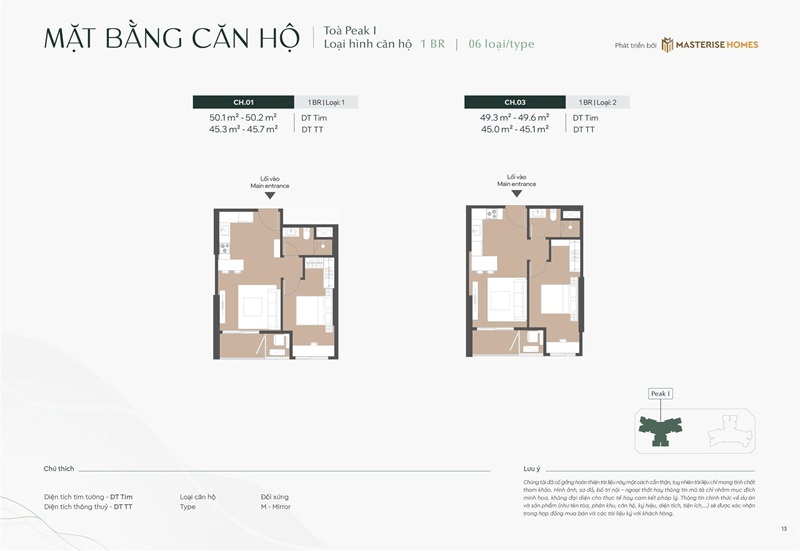 Căn 01 và 03 căn hộ 1 phòng ngủ Peak 1