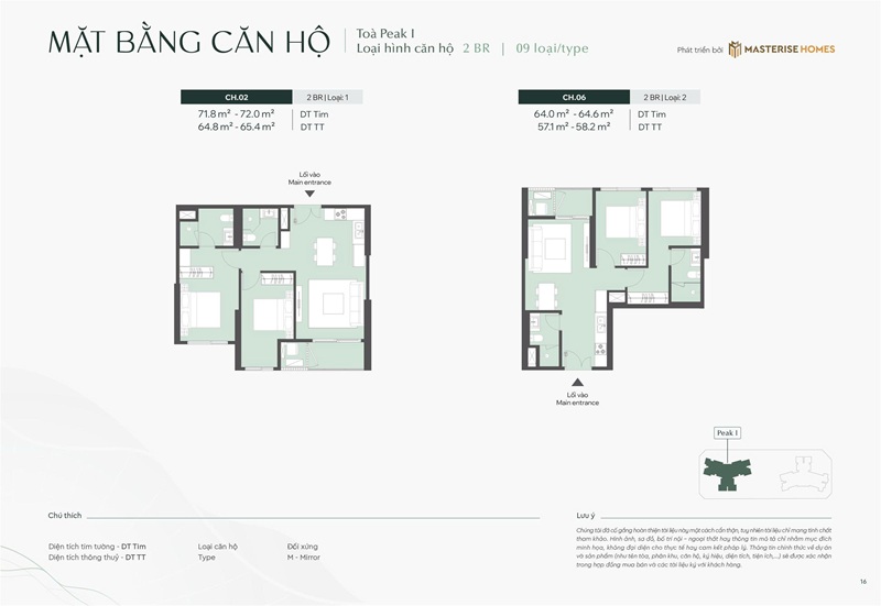 Căn 02 và 06 căn hộ 2 phòng ngủ Peak 1