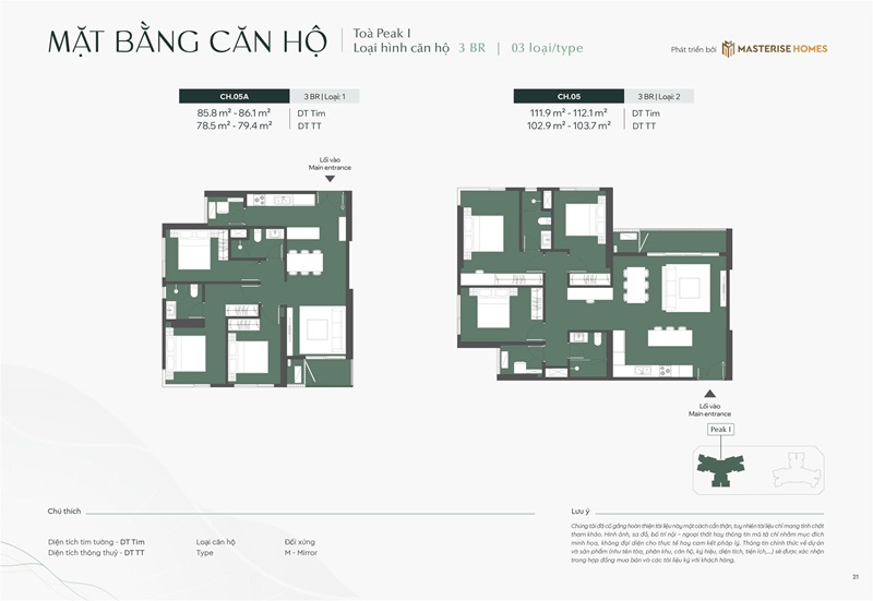 Căn 05A và 05 căn hộ 3 phòng ngủ Peak 1