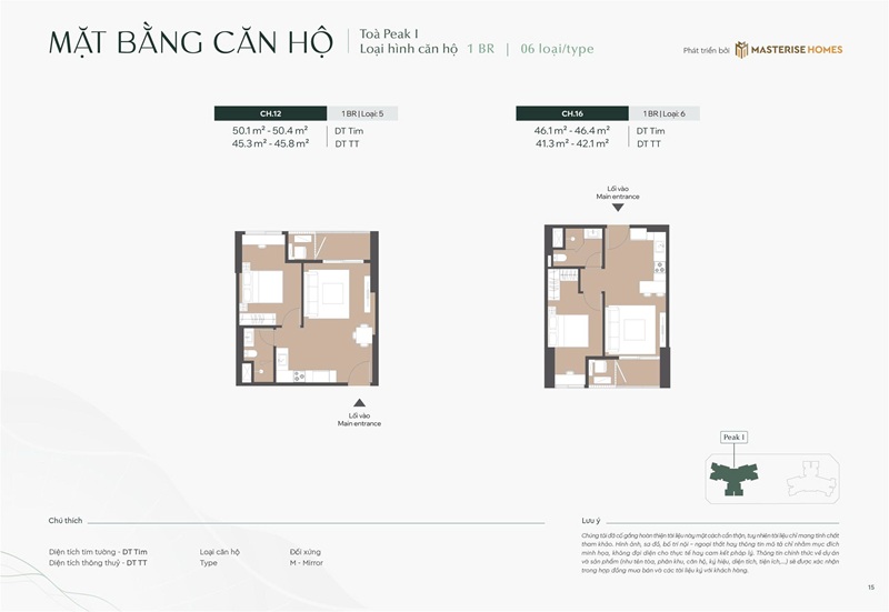 Căn 12 và 16 căn hộ 1 phòng ngủ Peak 1