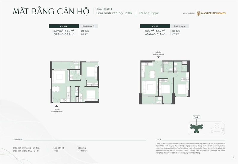 Căn 12A và 15 căn hộ 2 phòng ngủ tòa Peak 1