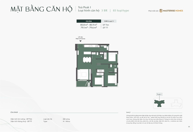 Căn 15A căn 3 phòng ngủ Peak 1
