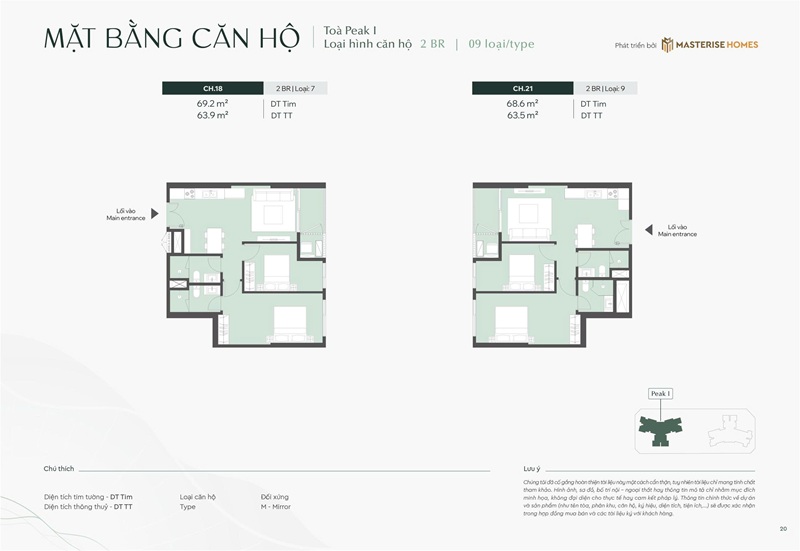 Căn 18 và 21 căn hộ 2 phòng ngủ Peak 1
