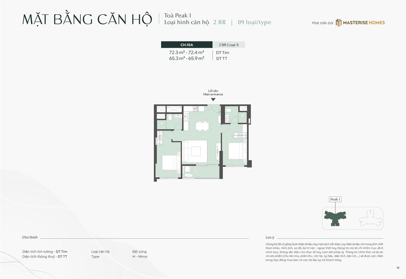 Căn 18A căn hộ 2 phòng ngủ Peak 1
