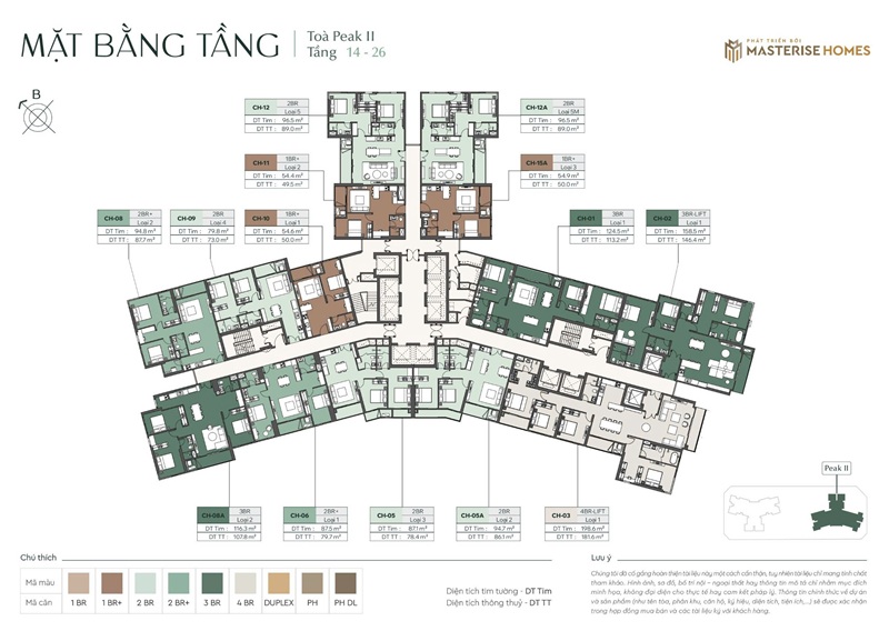 Mặt bằng tần 14 - 26 Căn hộ chung cư Peak 2 Lumière Essence Peak CĐT Masterise tại KĐT Vinhomes Global Gate