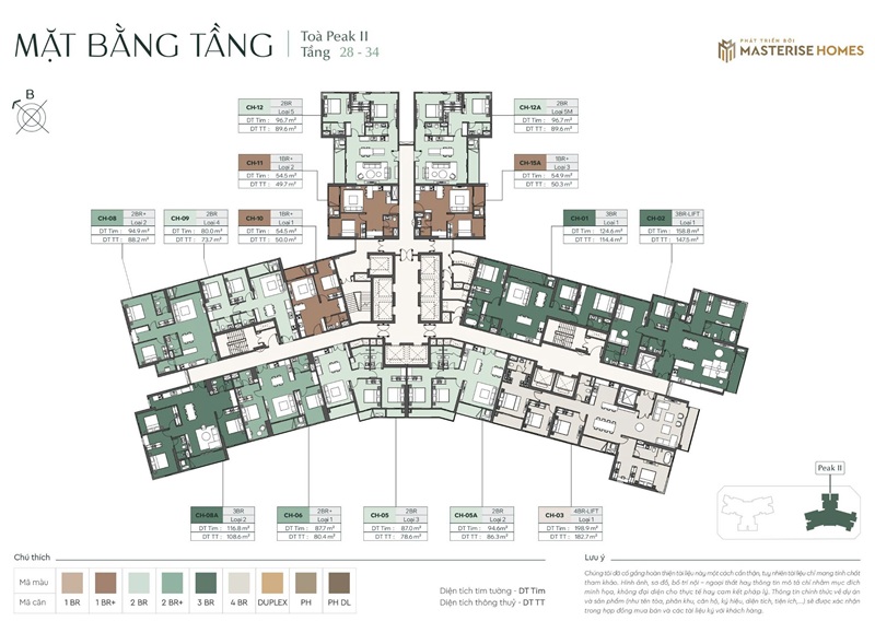 Mặt bằng tầng 28-34 Căn hộ chung cư Peak 2 Lumière Essence Peak CĐT Masterise tại KĐT Vinhomes Global Gate