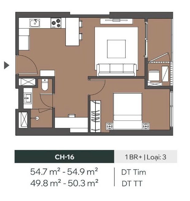 căn hộ 1 phòng ngủ + 50m2