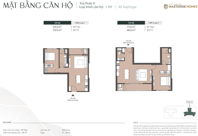 căn hộ 1 phòng ngủ 53m2 và 68m2