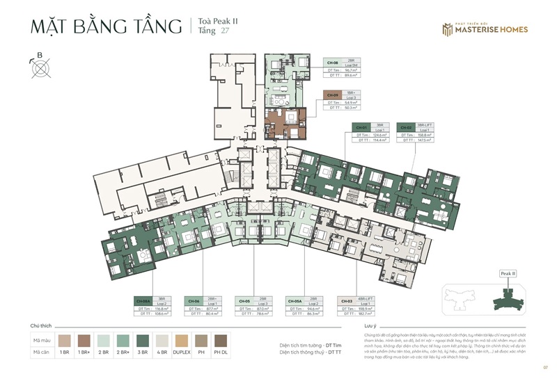 mặt bằng tầng 27 Căn hộ chung cư Peak 2 Lumière Essence Peak CĐT Masterise tại KĐT Vinhomes Global Gate