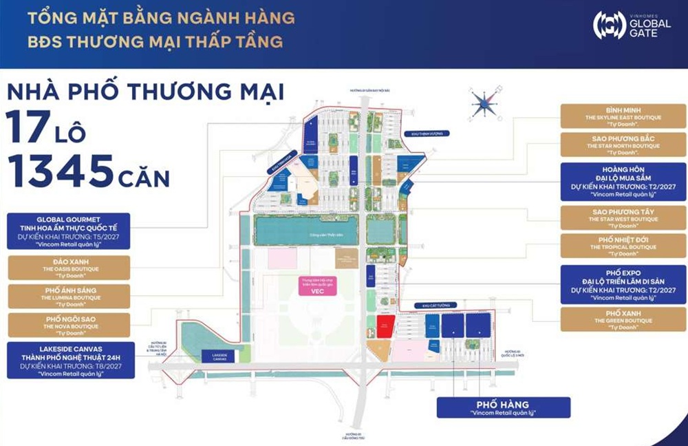 Tổng quan 17 lô Shophouse TMDV với 1345 căn tại Vinhomes Global Gate Cổ Loa Đông Anh
